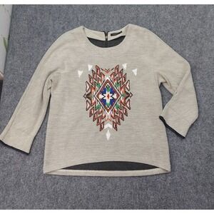 Colorblock Aztec Sweater Womens M/L‎ Tan Colorful Beaded Geometric Zip Back